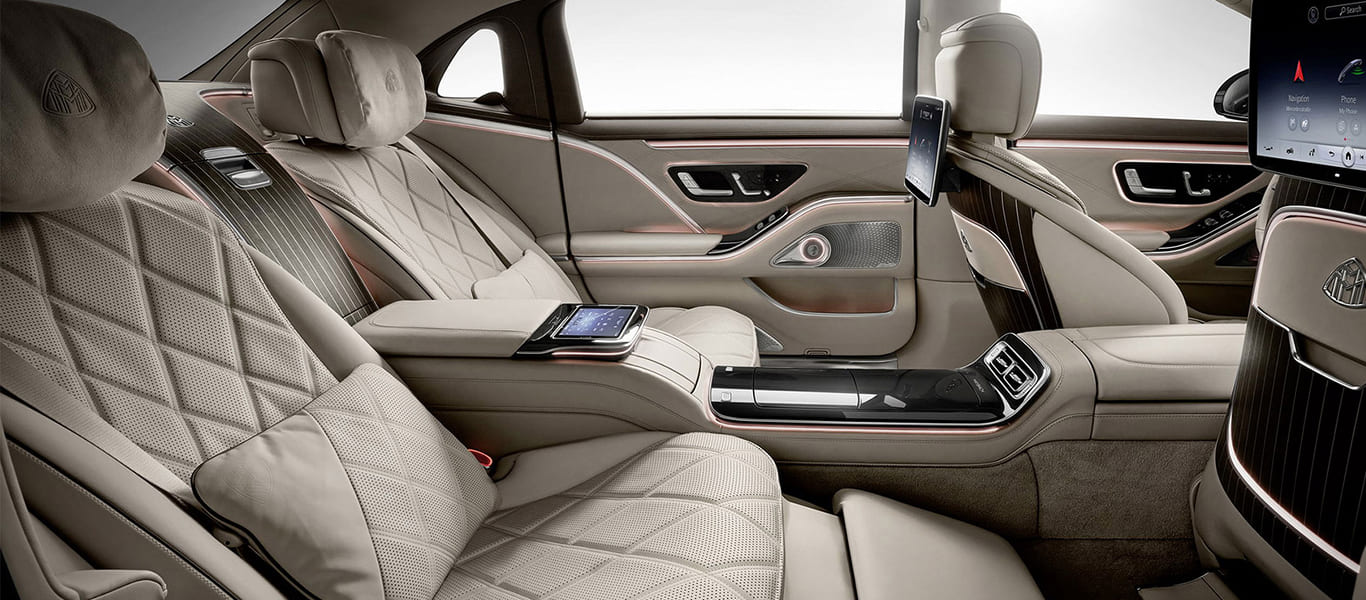 Rear shot of the Maybach, flaunting its chrome detailing and commanding elegance.