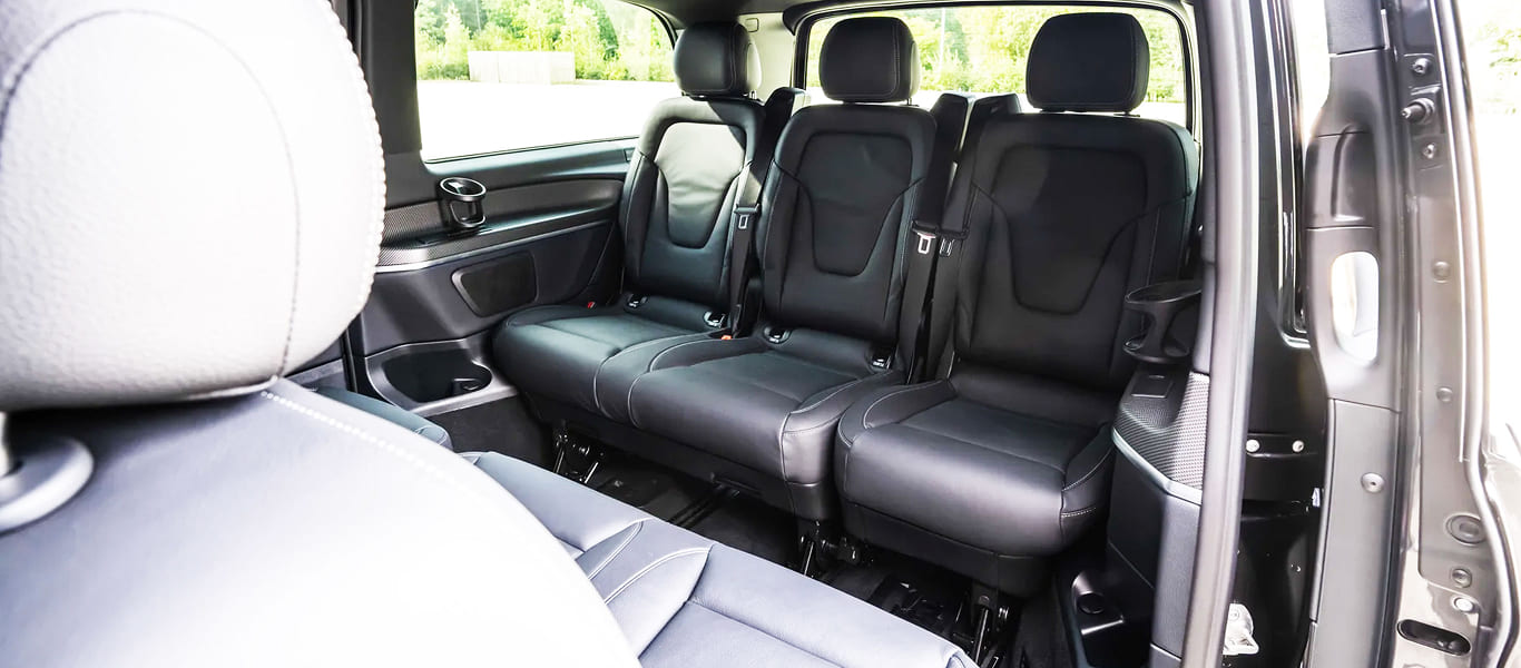 Rear quarter shot showing the Mercedes V250’s modern lines and premium finish.